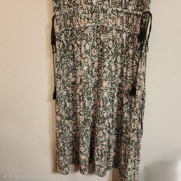 J Jill TierMaxi Floral Dress Women L Boho Khaki Green Slvless Cottage core Chic - Picture 5 of 14